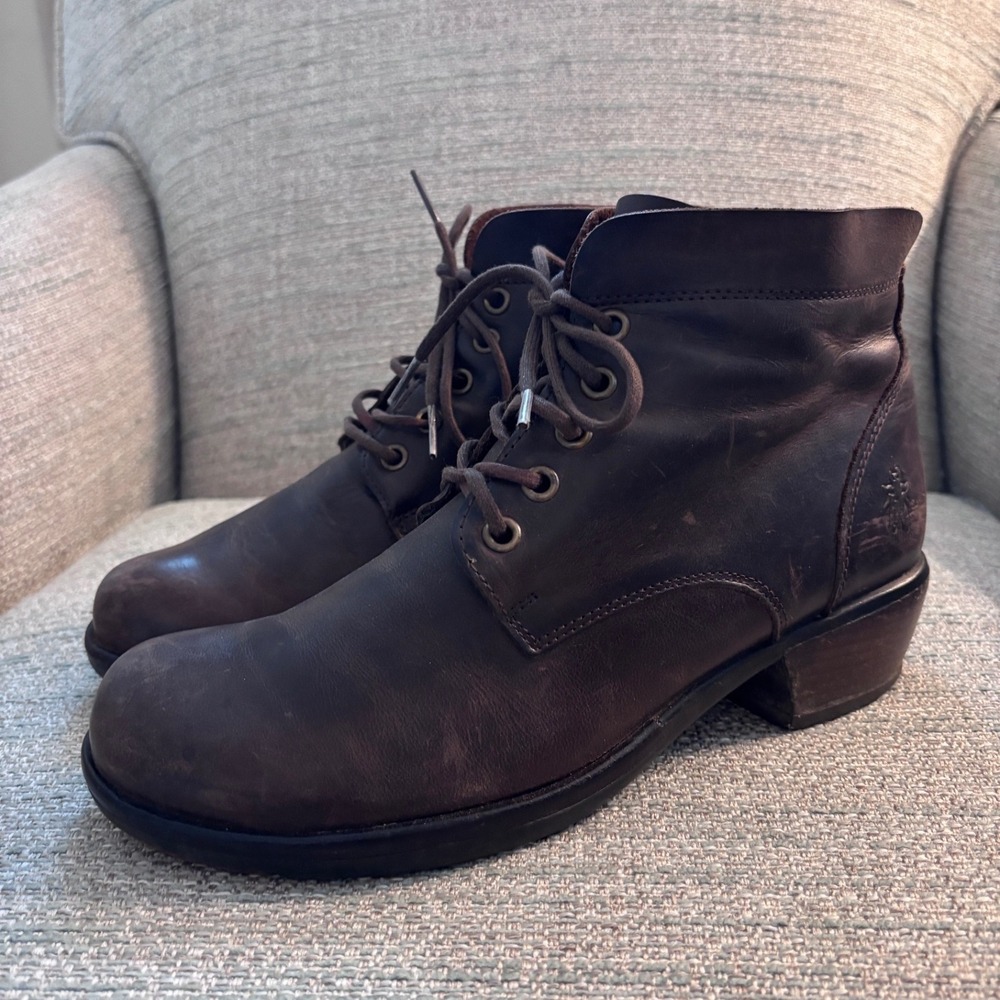 Fly London Womens Dark Brown Leather Lace Up Ankle Boots Size 39 Portugal